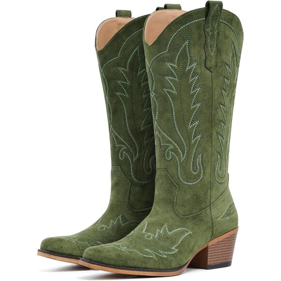 Shoes - Women Green Faux Suede Snip Toe Chunky Block Heel Embroidered Western Boot